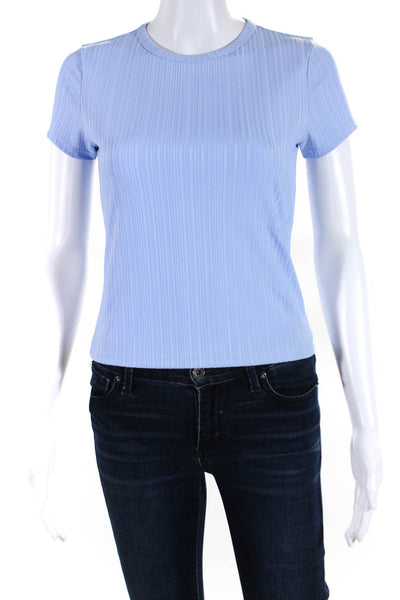 Frame Womens Ribbed Textured Round Neck Short Sleeve Pullover Top Blue Size S
