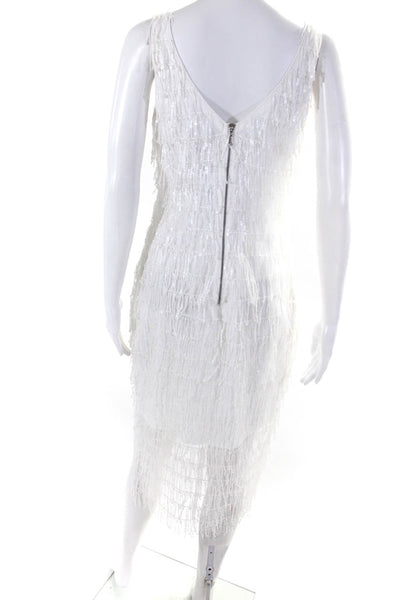 Saylor Womens Sequin Fringe V-Neck Sleeveless Zip Up Dress White Size S