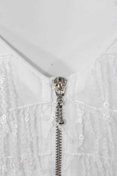 Saylor Womens Sequin Fringe V-Neck Sleeveless Zip Up Dress White Size S