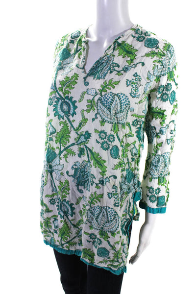 Roberta Roller Rabbit Womens Floral Printed Tunic Top White Green Size Medium