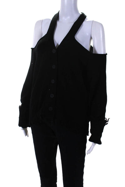 525 Womens Cotton Cold Shoulder Button Fringed Long Sleeve Cardigan Black Size S