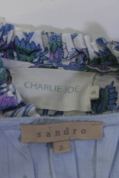 Sandro Charlie Joe Womens Pleated 3/4 Sleeved Blouses Blue White Size 2 S Lot 2