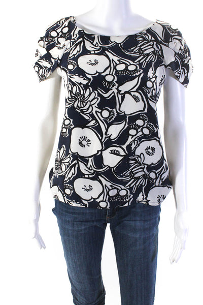 Nicole Farhi Womens 100% Silk Floral Short Sleeved Blouse Navy Blue White Size 4