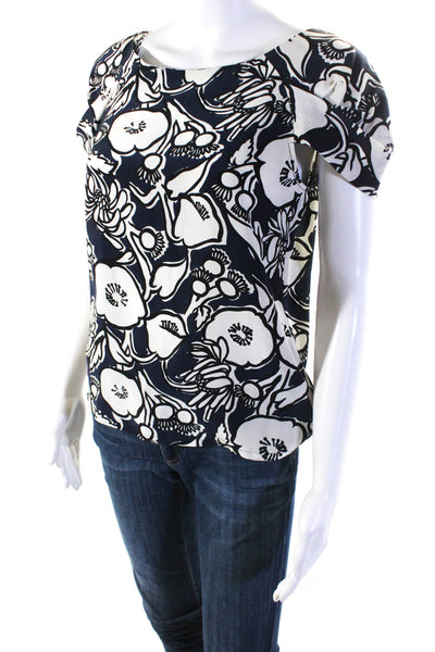 Nicole Farhi Womens 100% Silk Floral Short Sleeved Blouse Navy Blue White Size 4