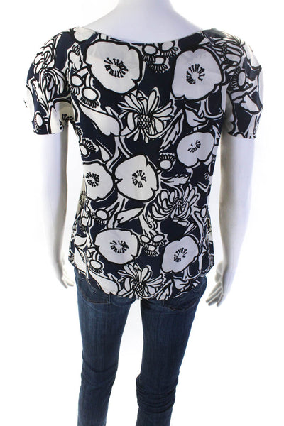 Nicole Farhi Womens 100% Silk Floral Short Sleeved Blouse Navy Blue White Size 4