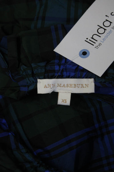 Ann Mashburn Womens Sleeveless Ruffled Plaid Top Blue Green Size Extra Small