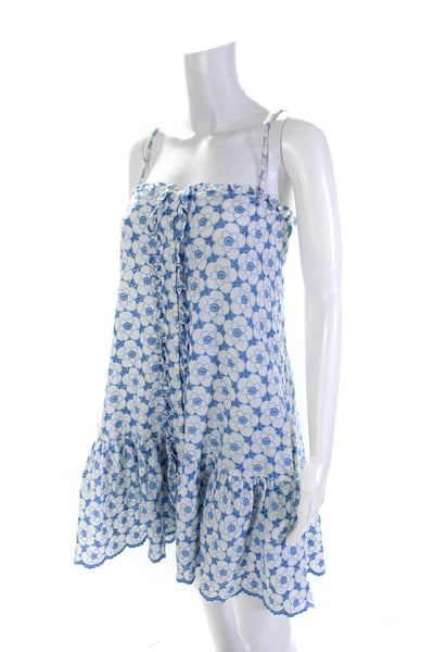 Lisa Marie Fernandez Womens Floral Print Sun Dress White Blue Cotton Size 3