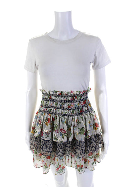 Decker Womens Floral Metallic Elastic Waist Tiered Short Skirt White Blue Size S