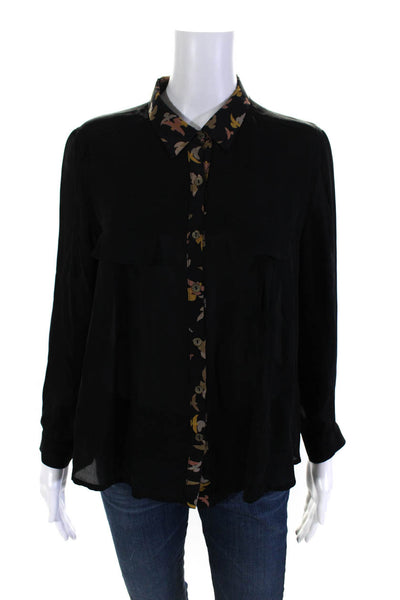 Myne Ashley Ann Womens Silk Bird Print Placket Button Up Blouse Top Black Size 4