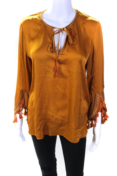Kobi Halperin Womens Silk Charmeuse Flounce Sleeve Tassel Hem Top Orange Size S