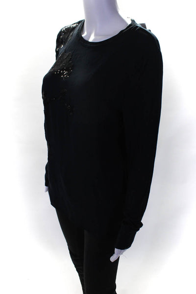 Elie Tahari Womens Silk Sequined Flower Long Sleeve Blouse Top Navy Blue Size S