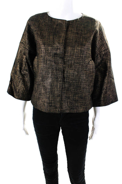 Rachel Zoe Womens Button Front Crew Neck Metallic Knit Jacket Black Gold Small