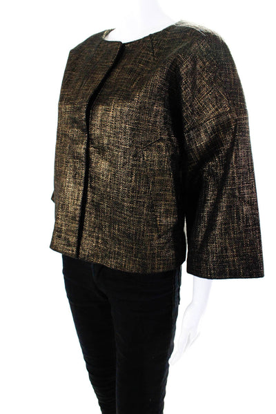 Rachel Zoe Womens Button Front Crew Neck Metallic Knit Jacket Black Gold Small