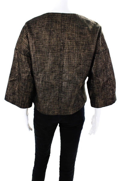 Rachel Zoe Womens Button Front Crew Neck Metallic Knit Jacket Black Gold Small