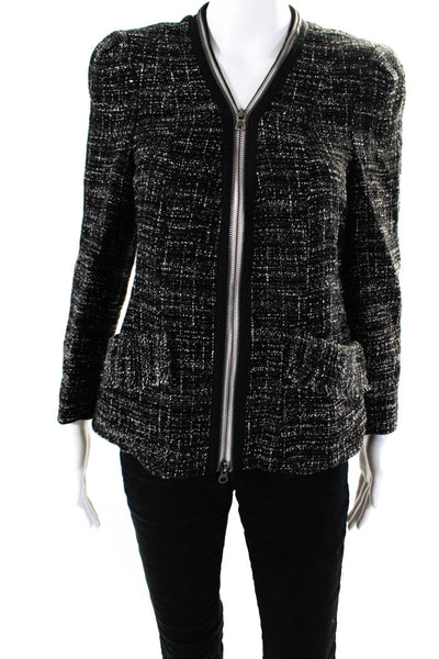 Nanette Lepore Womens Front Zip Fringe Tweed Knit Jacket Black White Size 8