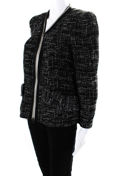 Nanette Lepore Womens Front Zip Fringe Tweed Knit Jacket Black White Size 8