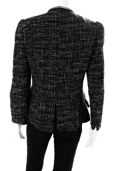 Nanette Lepore Womens Front Zip Fringe Tweed Knit Jacket Black White Size 8