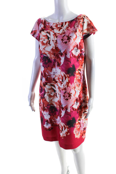 Vince Camuto Womens Floral Short Sleeved Boat Neck Dress Pink Orange Size 14