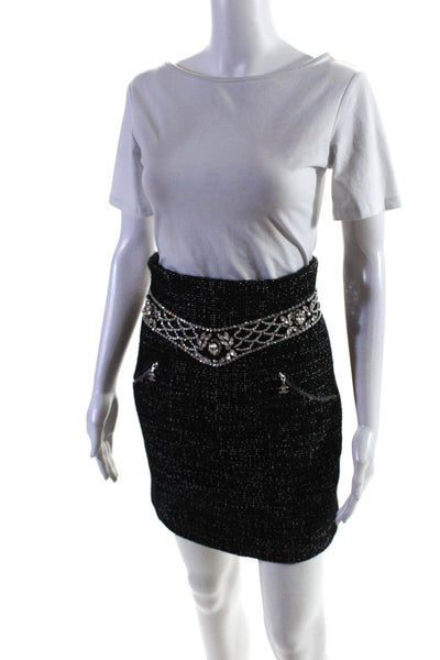 Chanel 02 A Womens Jeweled Trim Mini Skirt Black Wool Blend Size EUR 38