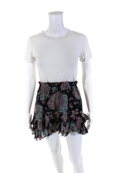 Love Shack Fancy Womens Silk Floral Print Tiered Ruffle Mini Skirt Black Size XS