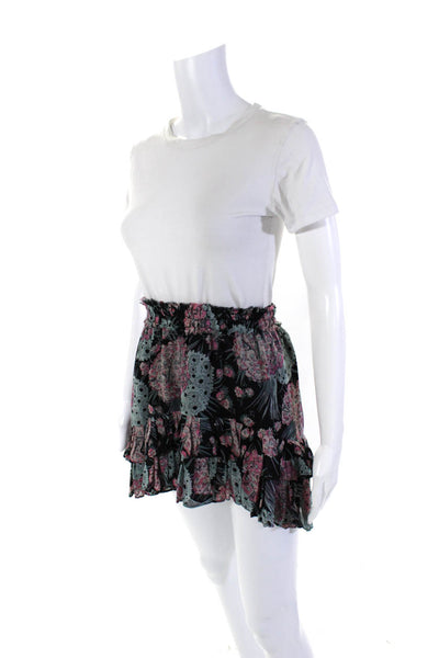 Love Shack Fancy Womens Silk Floral Print Tiered Ruffle Mini Skirt Black Size XS