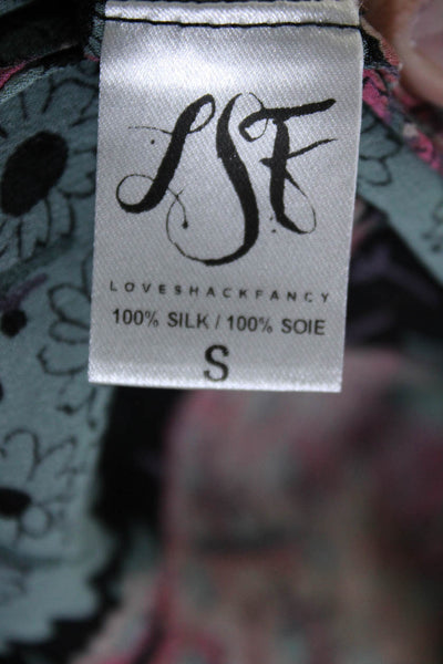 Love Shack Fancy Women's Silk Floral Print V-Neck Ruffle Blouse Black Size S