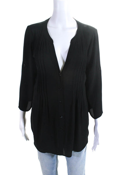 BCBG Max Azria Womens Pleated V Neck Long Sleeved Buttoned Blouse Black Size S