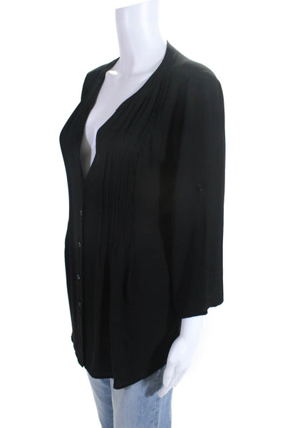 BCBG Max Azria Womens Pleated V Neck Long Sleeved Buttoned Blouse Black Size S
