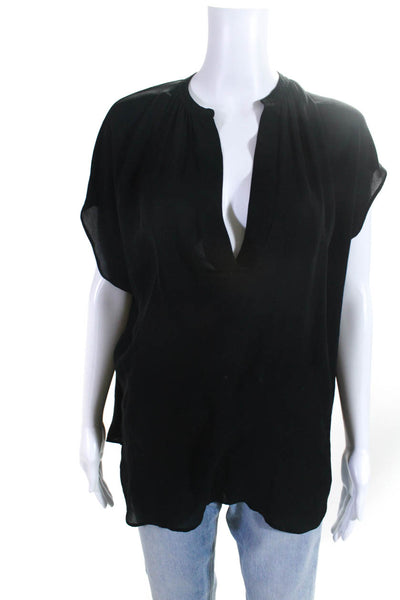 Vince Womens Pleated Relaxed Fit V Neck Dolman Short Sleeved Blouse Black Size M