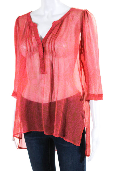 Plenty by Tracy Reese Womens Silk Abstract Long Sleeve Blouse Top Pink Size S