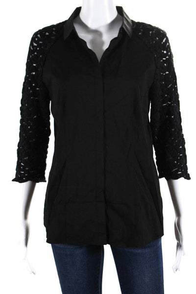 Lafayette 148 New York Womens Lace 3/4 Sleeved Button Down Shirt Black Size 6