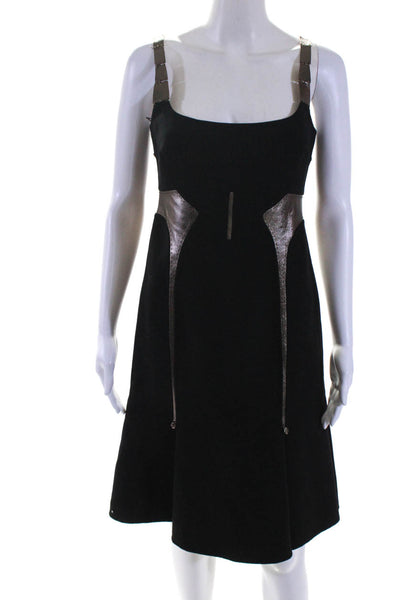 Chado Ralph Rucci Womens Wool Metallic Leather Trim Zip Up Dress Black Size 2