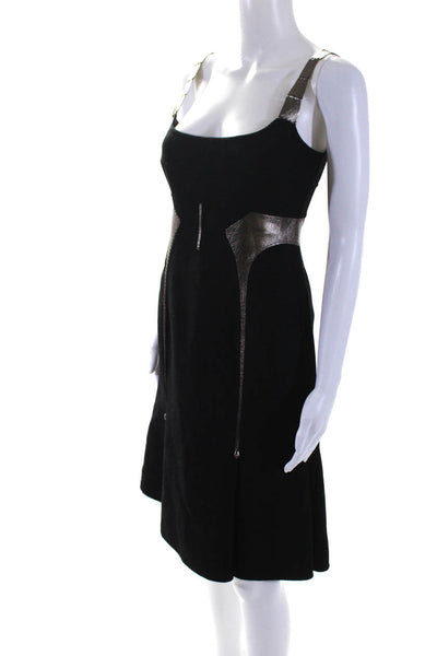 Chado Ralph Rucci Womens Wool Metallic Leather Trim Zip Up Dress Black Size 2