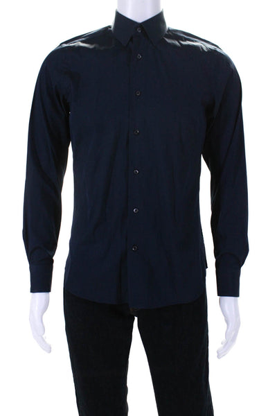 Canali Mens Stretch Collared Long Sleeve Button Up Shirt Navy Size 38-15