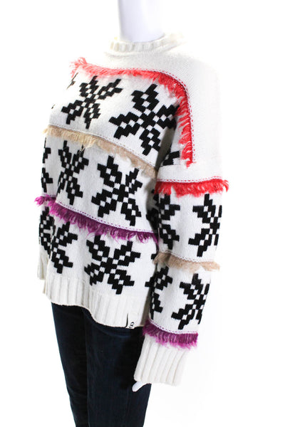 Ottod Ame Womens Wool Fringe Crew Neck Long Sleeve Sweater Top Ivory Size 6