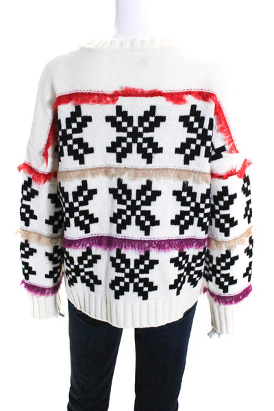 Ottod Ame Womens Wool Fringe Crew Neck Long Sleeve Sweater Top Ivory Size 6