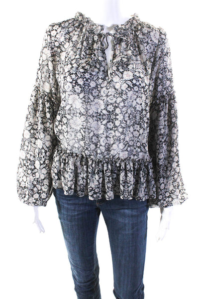 Misa Womens Black White Floral Ruffle V-Neck Long Sleeve Blouse Top Size S