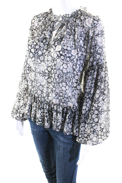 Misa Womens Black White Floral Ruffle V-Neck Long Sleeve Blouse Top Size S