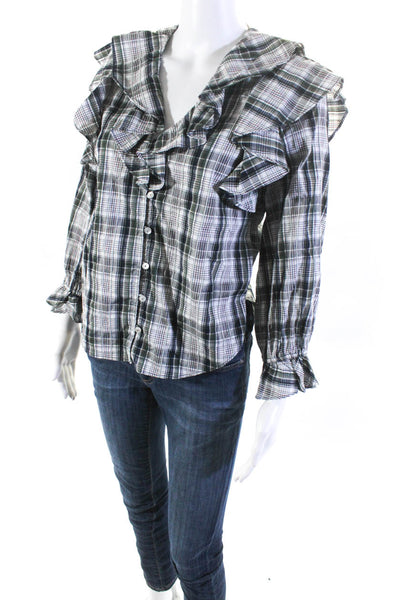 Veronica Beard Womens Green Blue Plaid Ruffles Long Sleeve Blouse Top Size 0