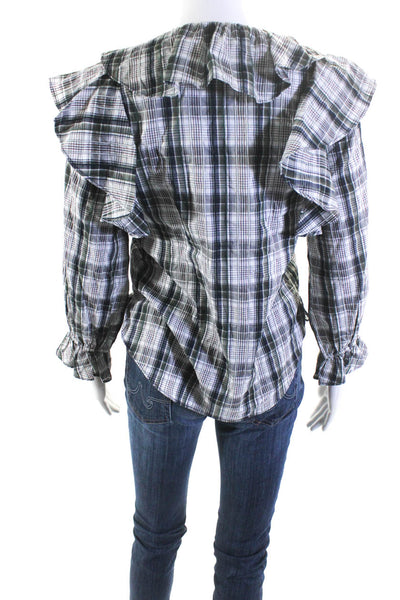 Veronica Beard Womens Green Blue Plaid Ruffles Long Sleeve Blouse Top Size 0