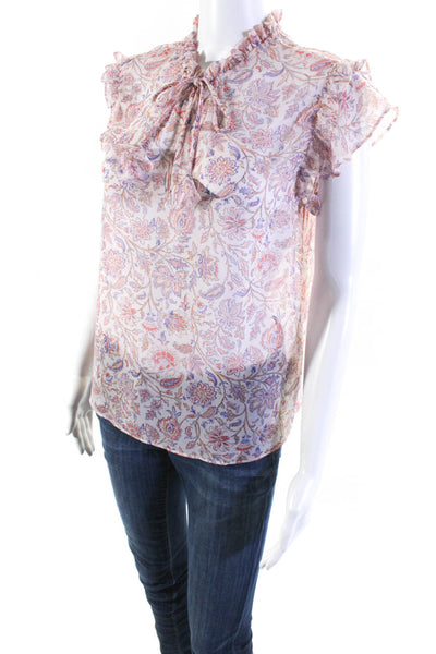 Misa Womens Pink Floral Paisley Sheer Ruffle V-Neck Blouse Top Size XS