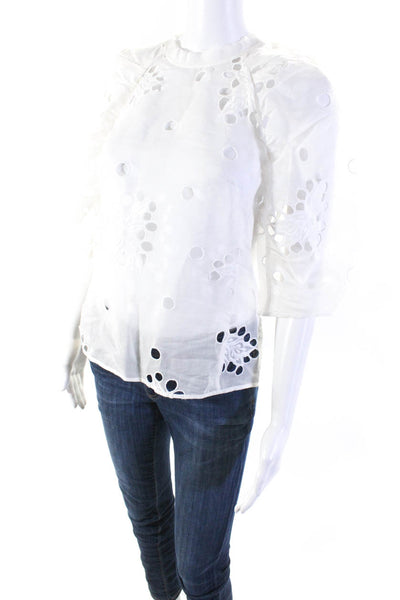 Rebecca Taylor Womens White Sheer Cut Out Embroidered Zip Back Blouse Top Size 0