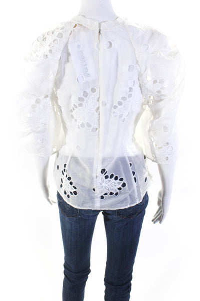 Rebecca Taylor Womens White Sheer Cut Out Embroidered Zip Back Blouse Top Size 0