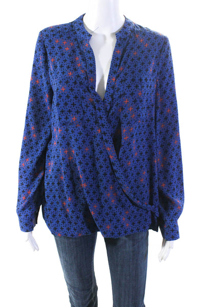Maeve Womens Abstract Print V-Neck Long Sleeve Pullover Blouse Blue Size 8