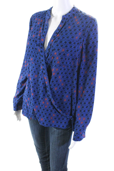 Maeve Womens Abstract Print V-Neck Long Sleeve Pullover Blouse Blue Size 8