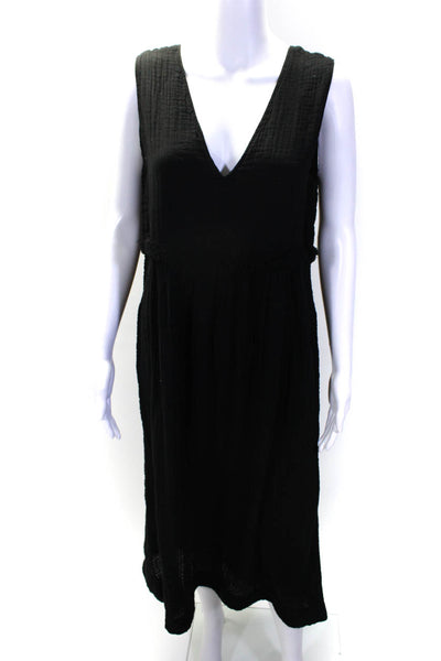 Raquel Allegra Womens Cotton Textured V-Neck Sleeveless Midi Dress Black Size 1