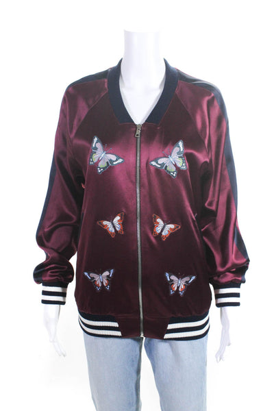 ABS by Allen Schwartz Womens Butterfly Embroidered Bomber Jacket Red Navy Size M