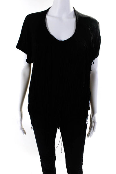 McQ Womens Round Neck Short Sleeve Fringed Textured Blouse Top Black Size 2