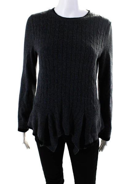 525 America Womens Cable Knit Crew Neck Peplum Sweater Gray Size Small
