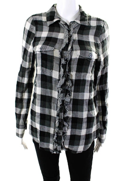 Joie Womens Plaid Long Sleeves Ruffled Button Down Shirt Black Size Small